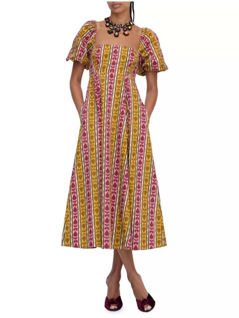 Hill House Matilda Nap Dress Ikat Topiary Midi Smocked Puff Sleeve Cottagecore M